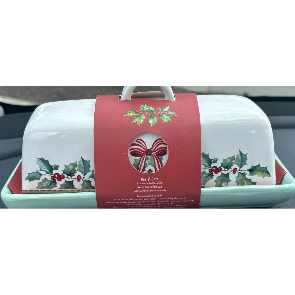 Christmas Holly Butter Dish With Knife Harvest Green Studio Designed In England